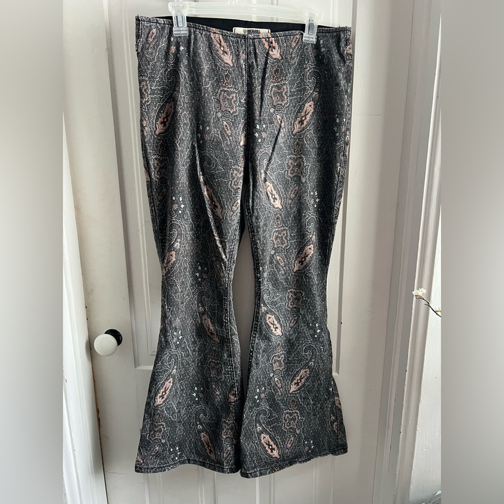 Rock & Roll Denim Gray Paisley Flared Pants